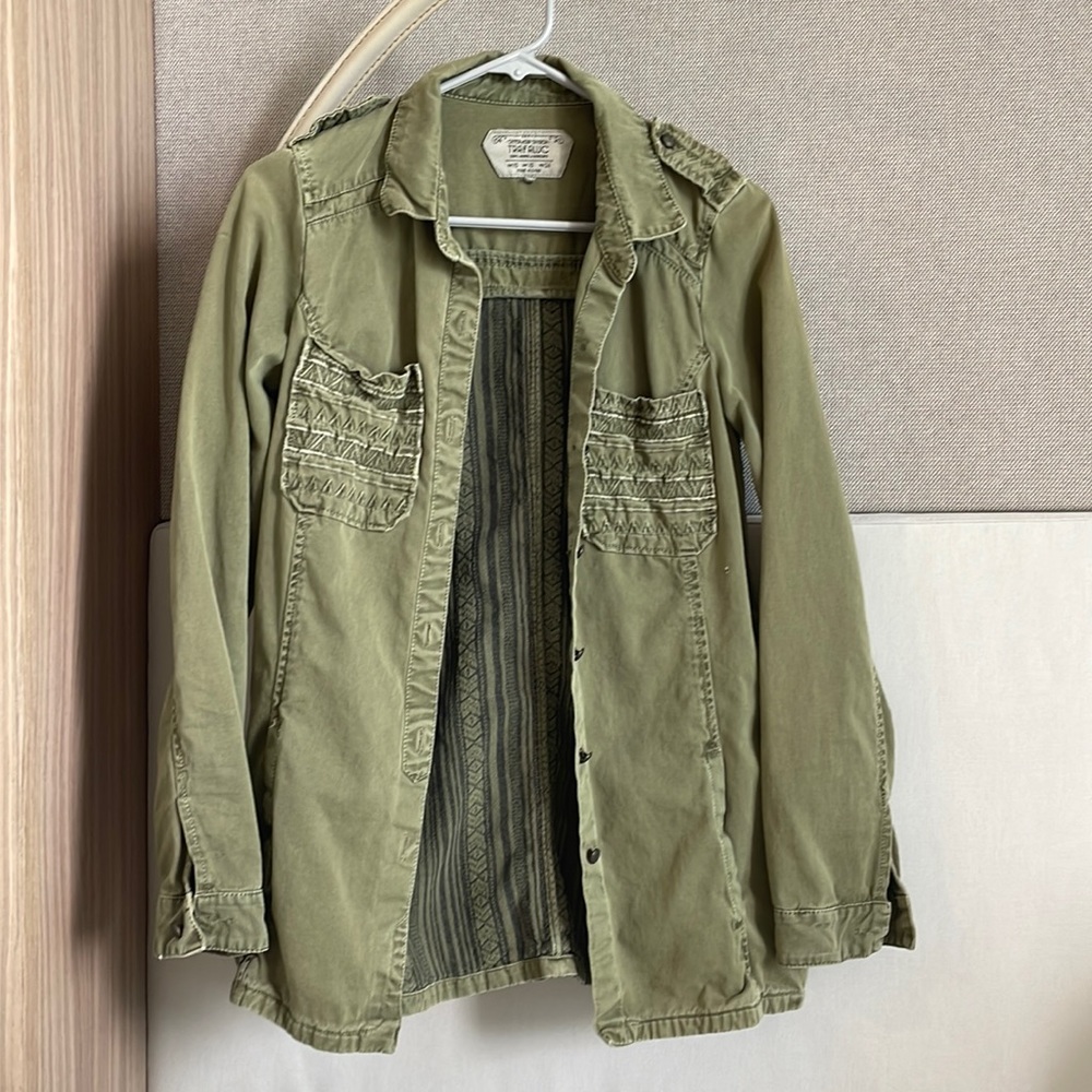 Zara trafaluc green jacket button up shirt military tribal XS